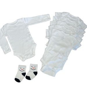 Lullaby Lane - 5 white bodysuit, Carters 1- long sleeve bodysuit, snowman socks